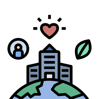 Bâtiment sur un globe, entourée d’un cœur, d’une feuille et d’un symbole d’accessibilité. Symboles de notre engagement RSE