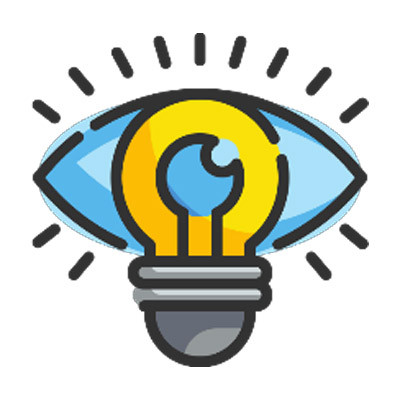 Un œil ouvert, dont l'iris est en forme d'ampoule, symbole de la vision de notre groupe